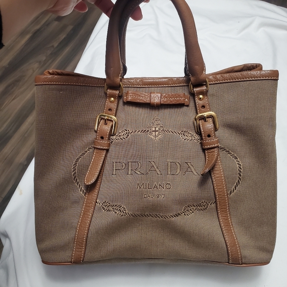 Vintage Prada Jacquard Canvas & Leather Tote Bag